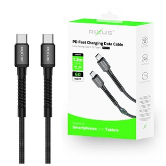 Rixus RXU71C Nylon Braided USB-C To USB-C Cable 120CM Black