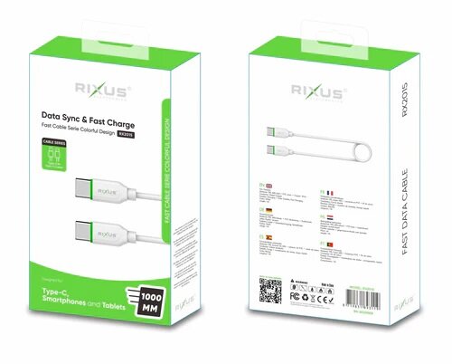 Rixus RX2015 Data Sync And Fast Charge Cable Type-C to Type-C 100CM