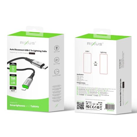 Rixus RXUC22L Auto Disconnect USB-C To Lightning Cable Black