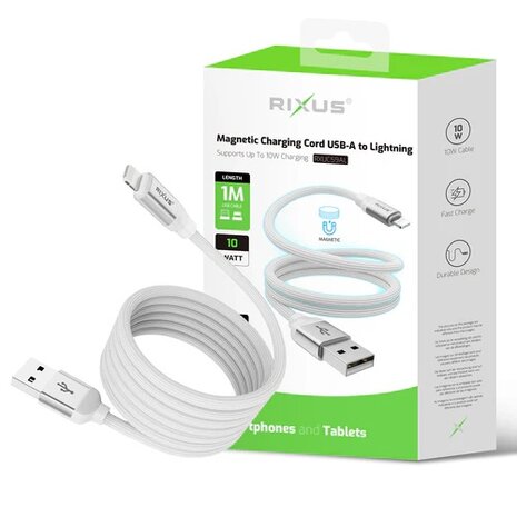 Rixus RXUC59AL Magnetic Charging Cord USB-A To Lightning 100CM 10W White