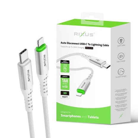 Rixus RXUC21L Auto Disconnect USB-C To Lightning Cable White